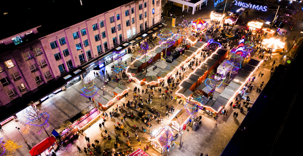 Aerial view of Plymouth Christmas Market